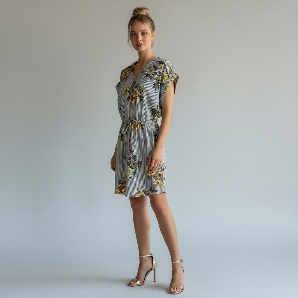 A short-sleeve V-neck dress with a gray and white vertical stripe pattern and a yellow floral print, displayed on a model with gold heels against a white draped backdrop.
