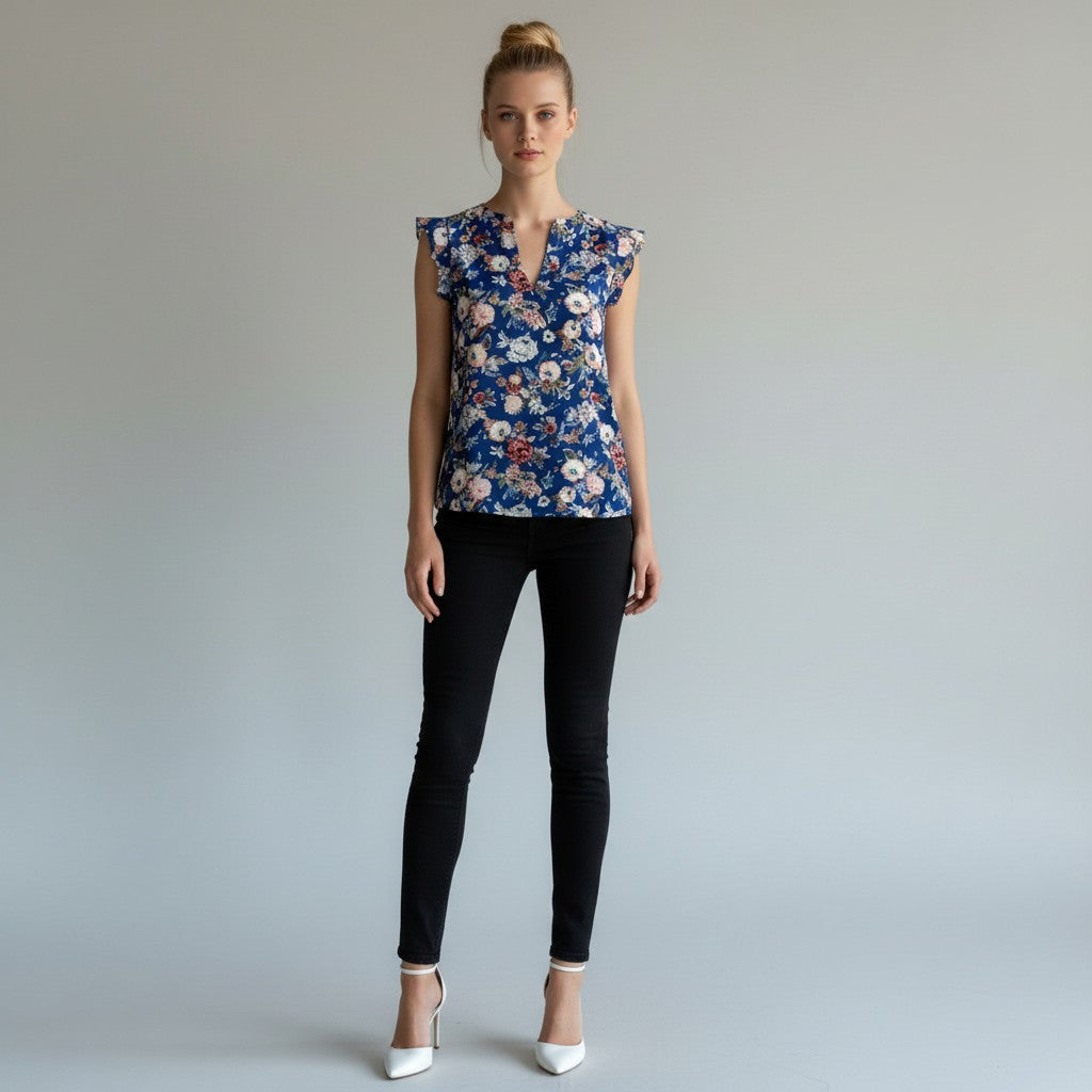 A woman modeling a sleeveless navy blue floral top with ruffled shoulder details, paired with black skinny jeans and white high heels, photographed against a light gray studio background.