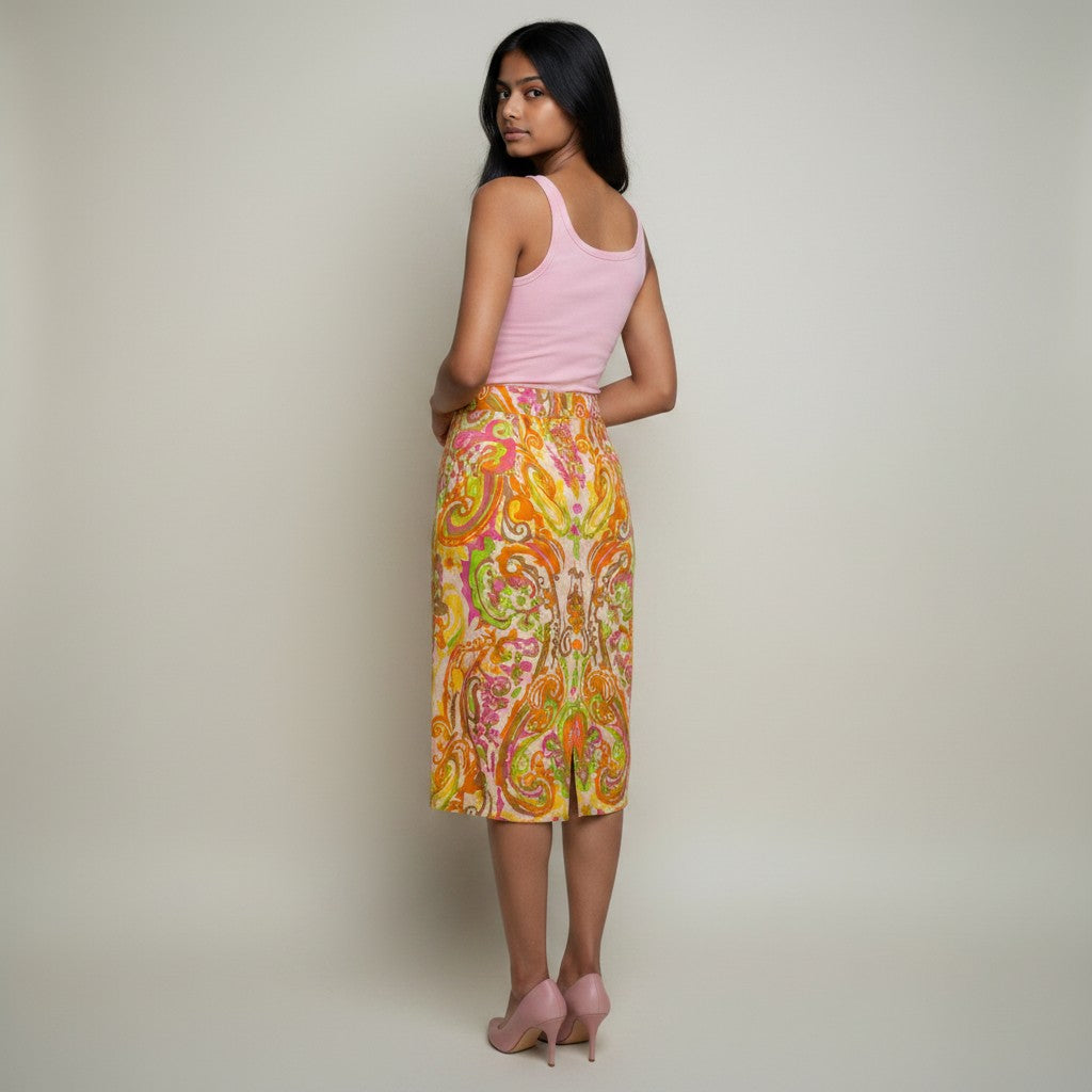 A woman stands in a studio wearing a light pink sleeveless top and a knee-length skirt with a bright multicolor paisley print in yellow, orange, pink, and green. She is photographed from the back against a plain light beige background.
