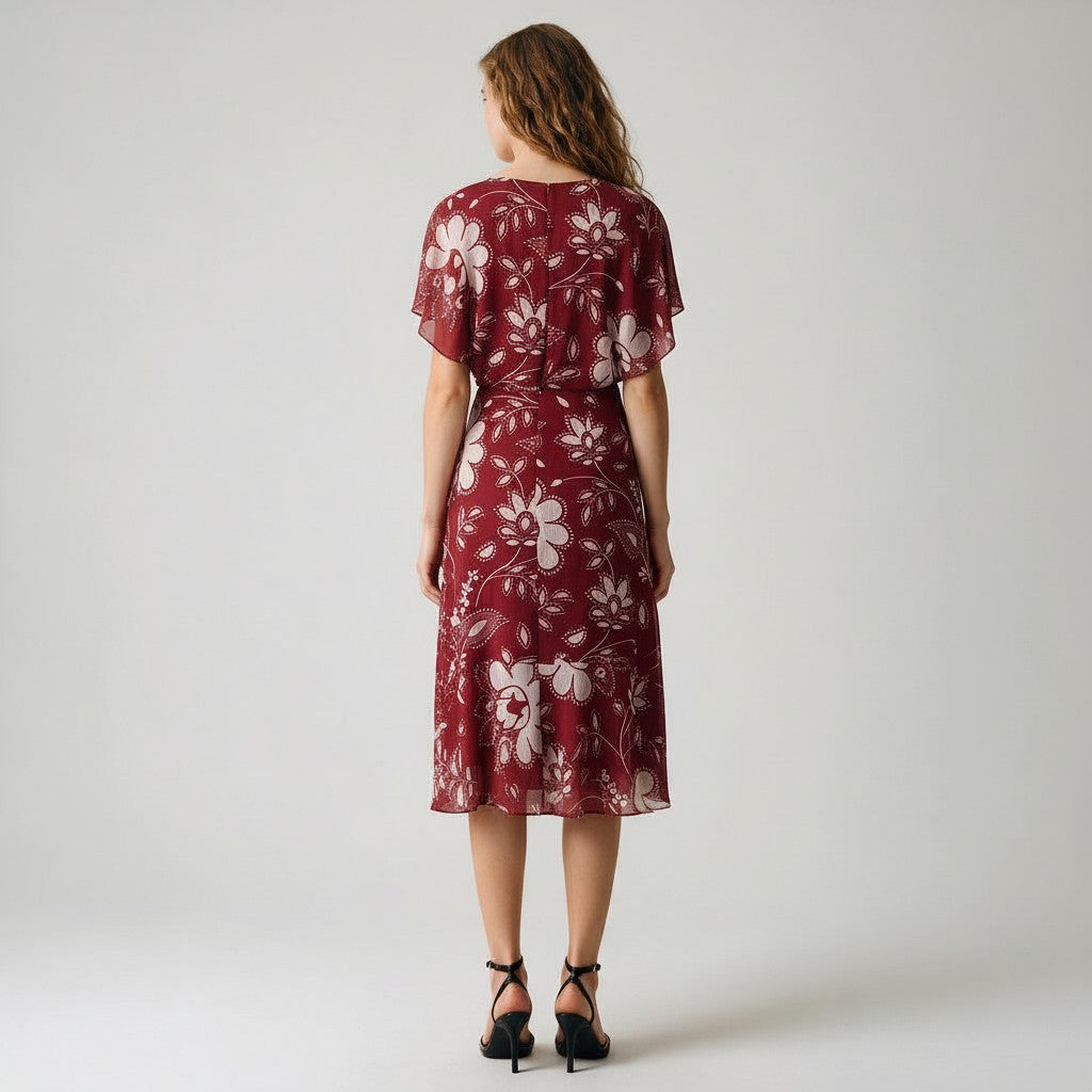 A woman stands with her back to the camera wearing a short-sleeved midi dress with a red and white floral pattern, paired with black strappy heels, against a plain light gray studio background.
