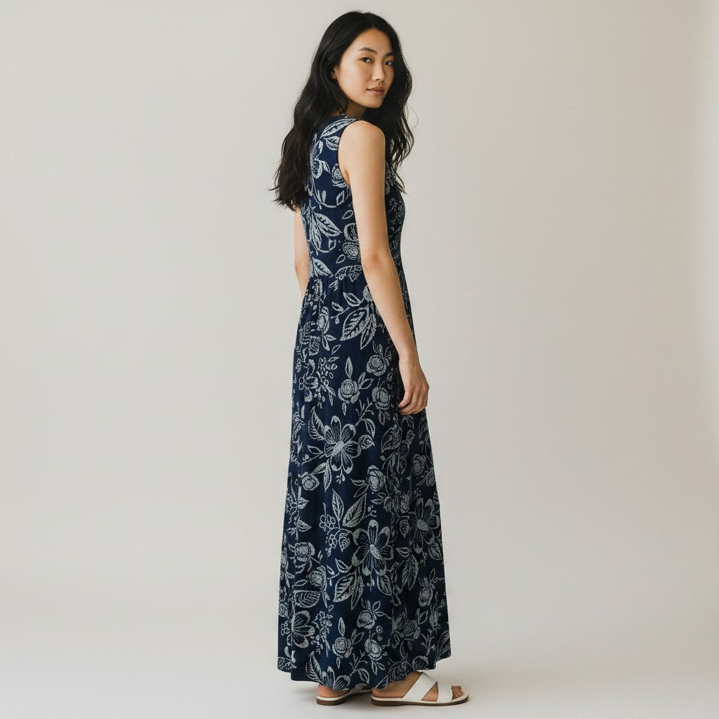 A woman modeling a sleeveless navy maxi dress with a white floral print, photographed against a plain light gray studio background.