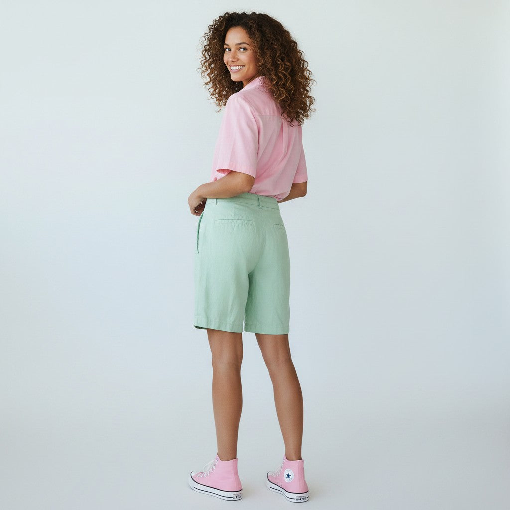 A woman with curly brown hair is shown from the back wearing a light pink short-sleeve button-up shirt, mint green shorts, and pink high-top sneakers against a light gray studio background.