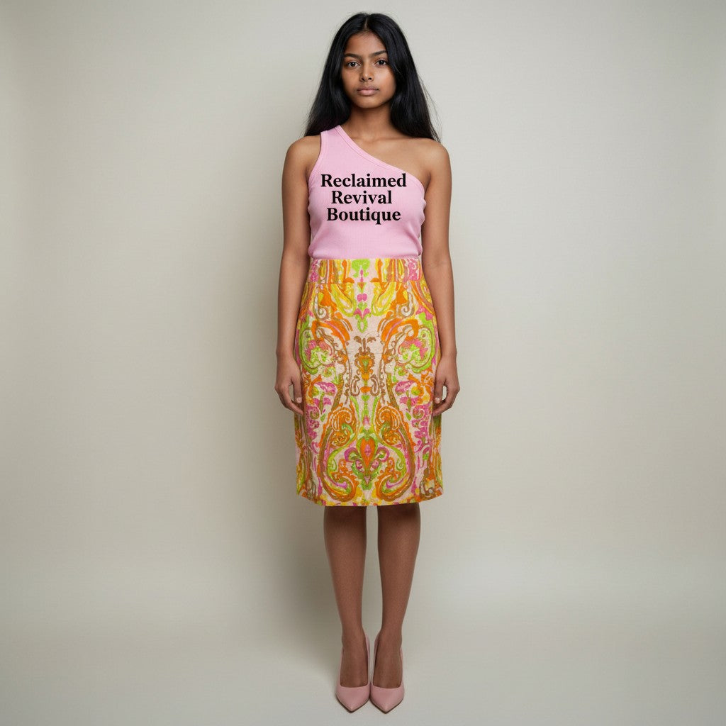 A woman stands against a plain light beige studio background wearing a sleeveless pink top with black text reading 'Reclaimed Revival Boutique' and a knee-length skirt with a bright paisley print in orange, yellow, green, and pink. She is wearing pink pointed heels.