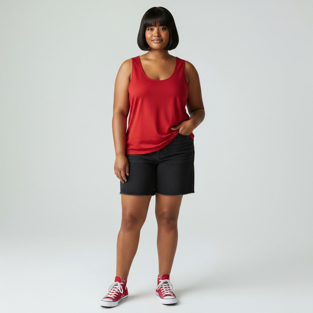 A woman modeling a sleeveless red scoop-neck tank top, black denim shorts, and red low-top sneakers against a light gray studio background.
