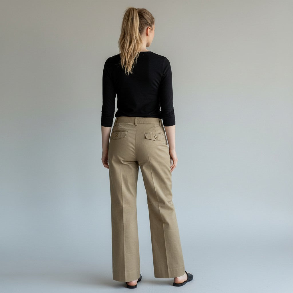 A woman viewed from behind wearing beige wide-leg trousers with buttoned flap pockets, a black long-sleeve top, and black flat sandals, standing against a light gray studio background.