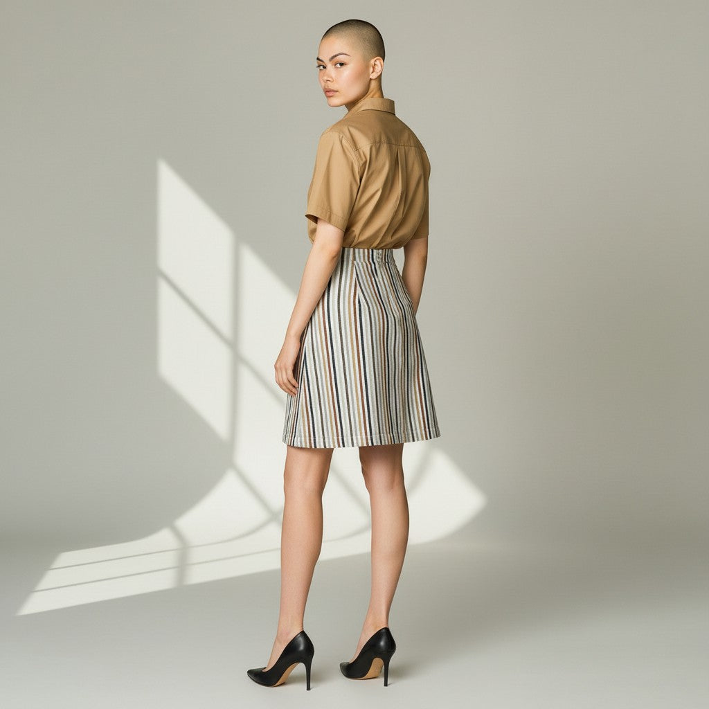 A model is shown from the back wearing a tan short-sleeve collared shirt tucked into a high-waisted A-line skirt with vertical stripes in beige, brown, and white. She is wearing black pointed-toe heels against a light gray studio background with windowpane shadow casting on the wall.