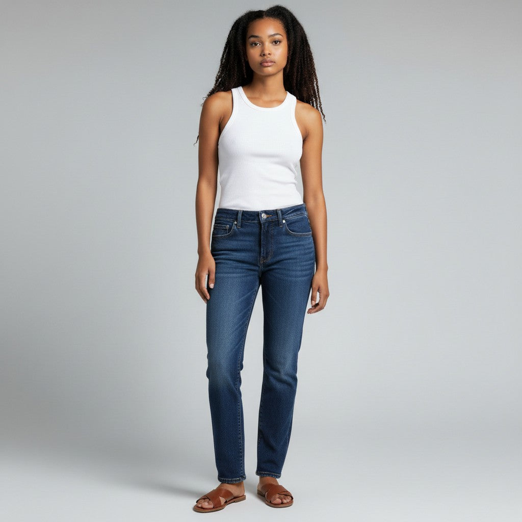 A woman modeling a pair of dark blue straight-leg jeans with a white ribbed tank top and brown flat sandals, standing against a light gray studio background.