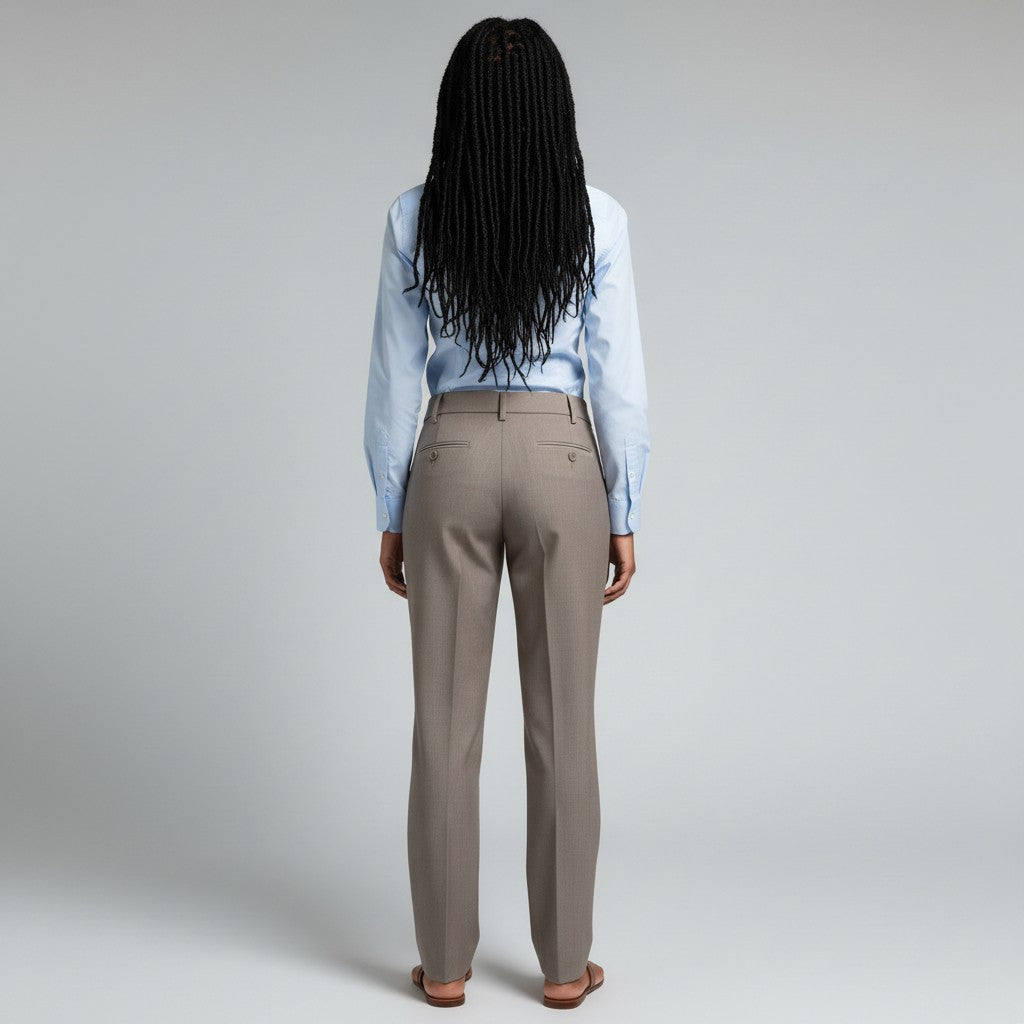 A woman viewed from behind wearing a light blue long-sleeve button-up shirt and beige trousers, standing against a light gray studio background.
