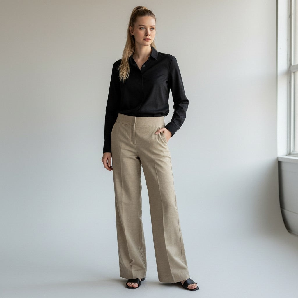 A woman stands in a bright studio wearing a black long-sleeve button-up shirt, beige wide-leg trousers, and black slide sandals.