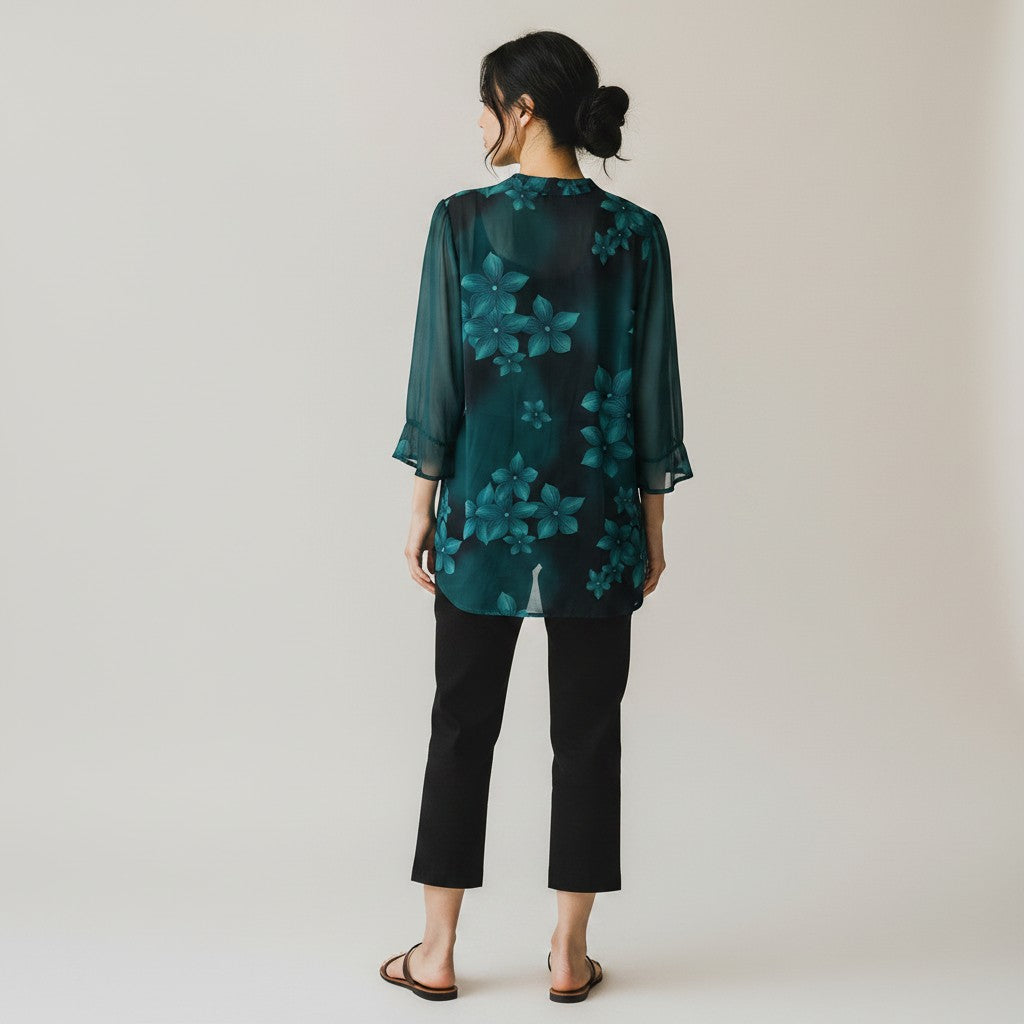 The Tonal Floral Chiffon Tunic in Deep Teal