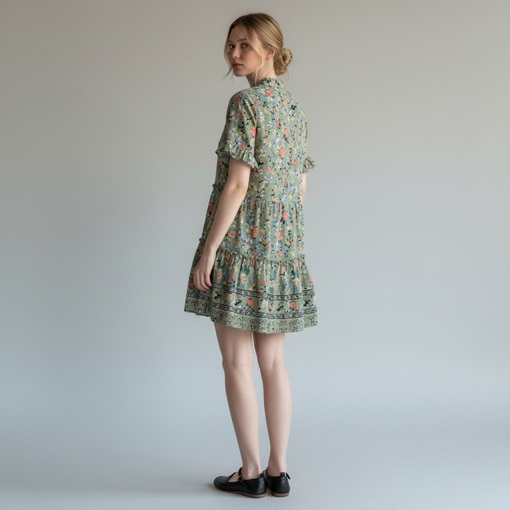 A woman modeling a short-sleeved, tiered bohemian-style dress with a green and beige floral pattern, paired with black Mary Jane shoes, against a neutral gray studio background.