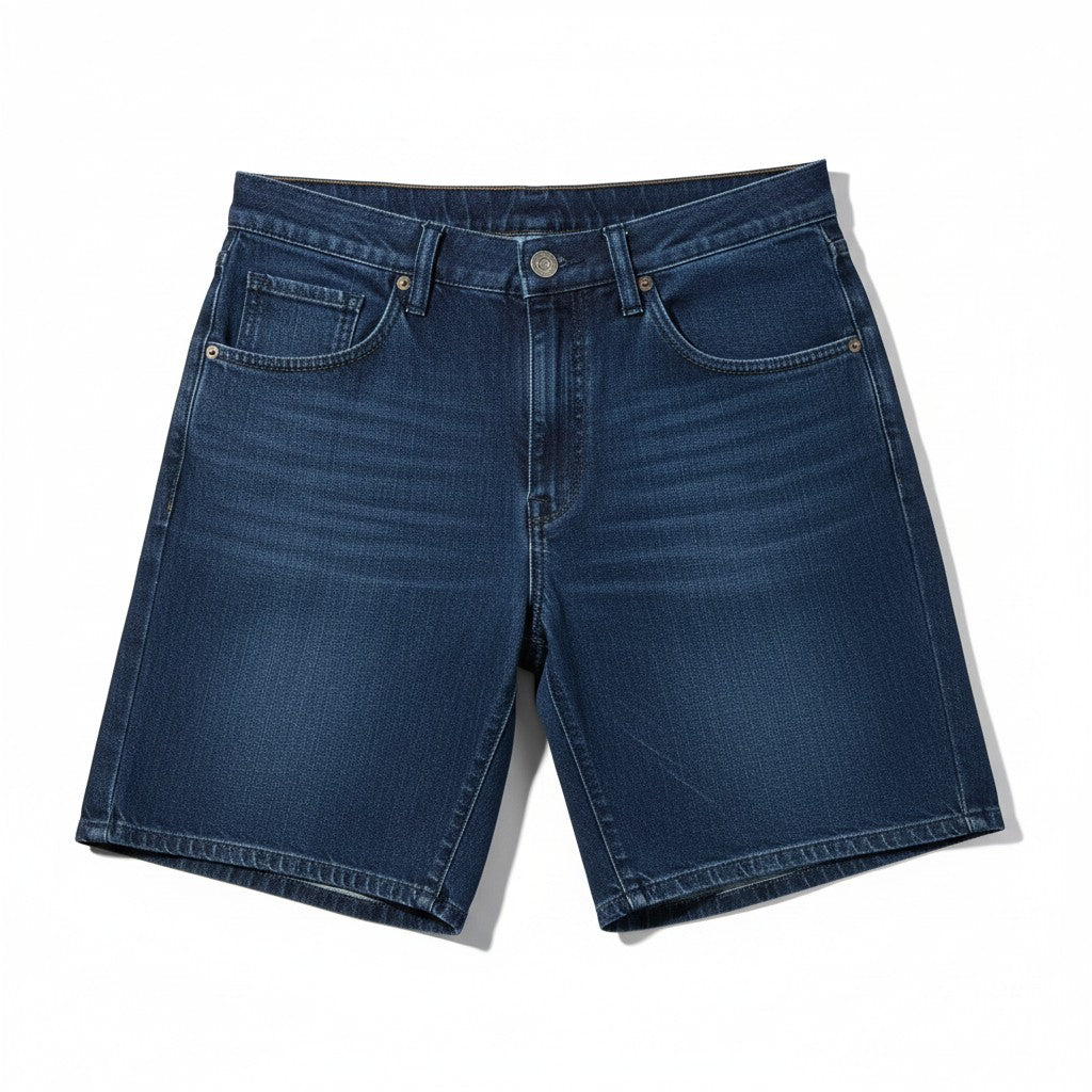 A pair of dark blue denim shorts with a classic five-pocket design, laid flat on a white background.