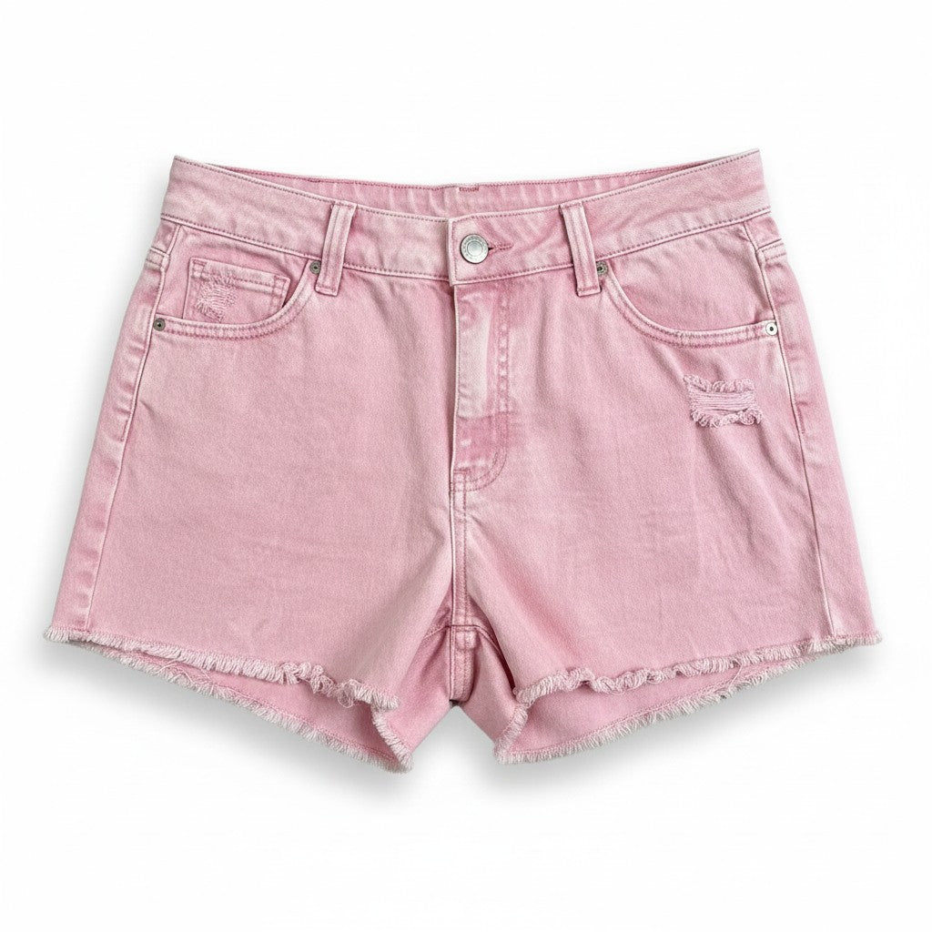Light pink denim shorts with a frayed hem, featuring classic five-pocket styling and a distressed detail on the right leg.