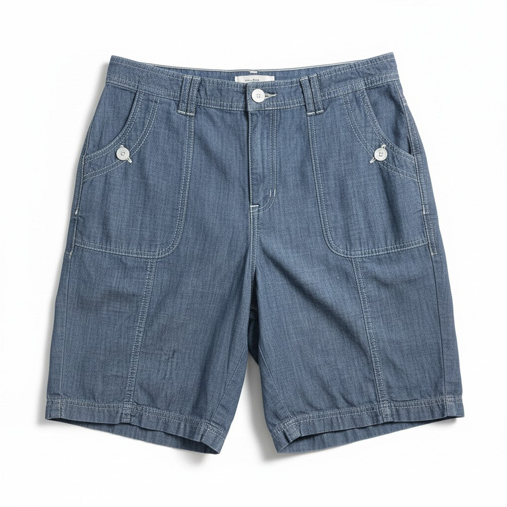 A pair of blue denim cargo shorts with buttoned side pockets and belt loops, laid flat on a white background.