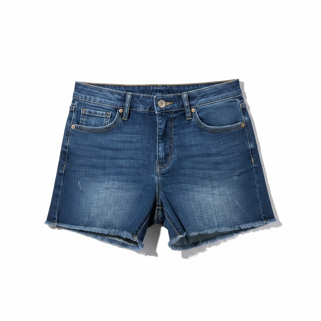 Medium wash blue denim shorts with a raw frayed hem, photographed flat on a white background.