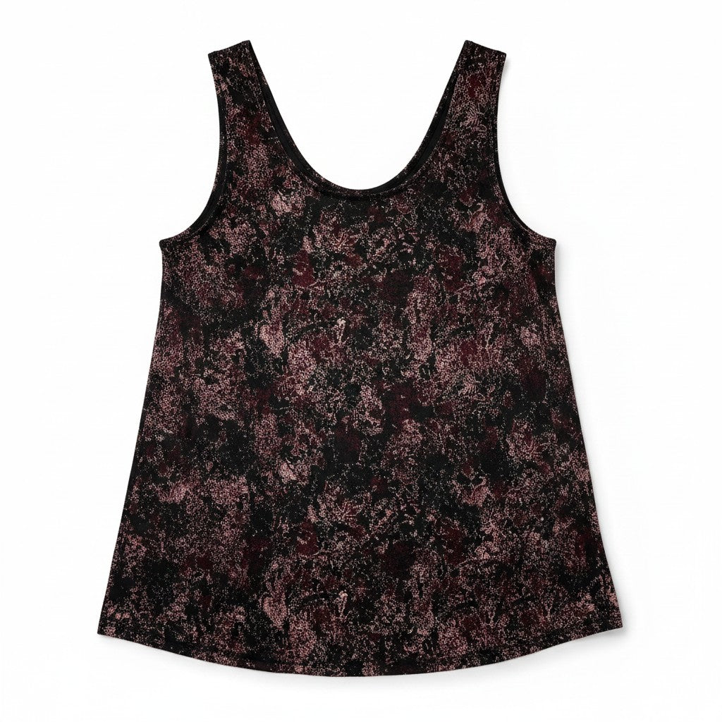 A sleeveless scoop-neck tank top with a dark abstract floral pattern in black and deep burgundy, displayed flat against a solid white background.