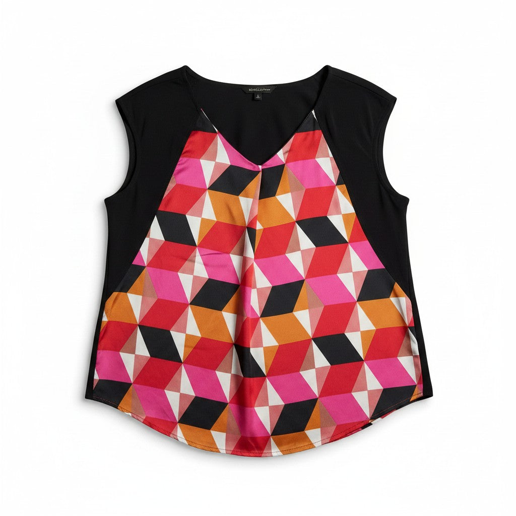 A sleeveless women's top with a black cap-sleeve bodice and a vibrant geometric triangle pattern on the front panel in pink, orange, red, black, and white, shown against a plain white background.