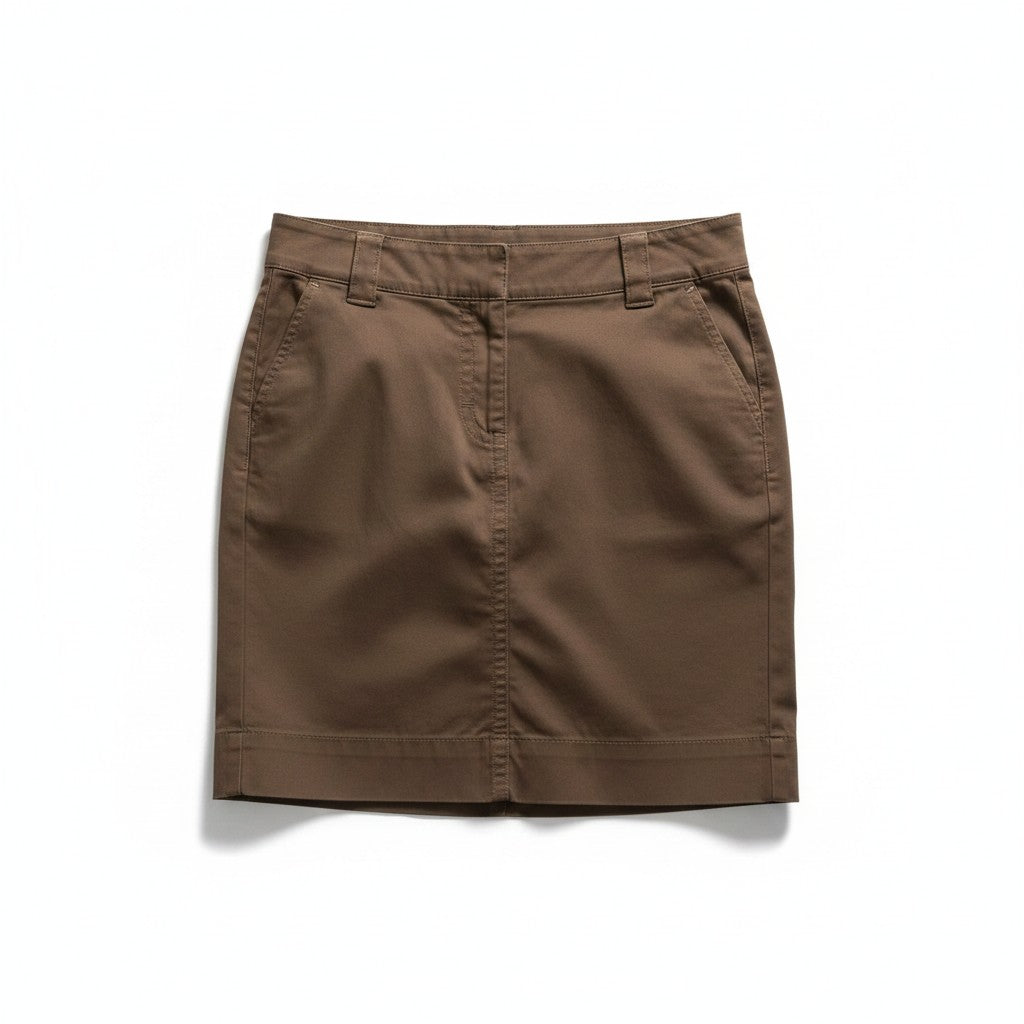 A brown mini skirt with a button closure, belt loops, and side pockets, laid flat on a white background.