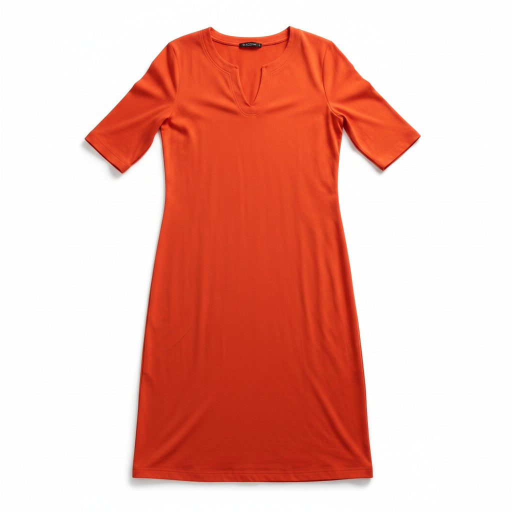 A bright orange short-sleeve dress with a split neckline, displayed flat against a white background.
