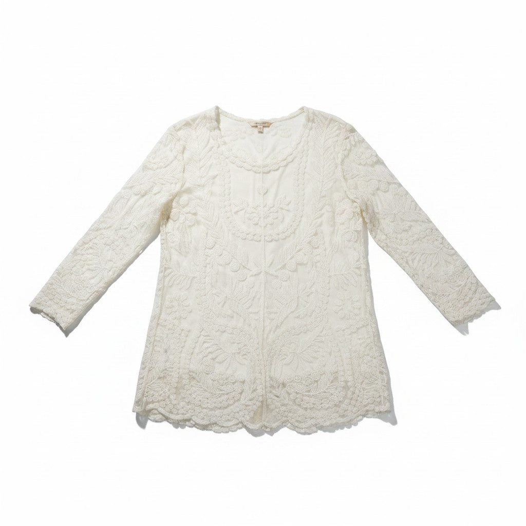 An off-white lace long-sleeve tunic top with intricate floral embroidery and a scalloped hem, displayed flat against a white background.