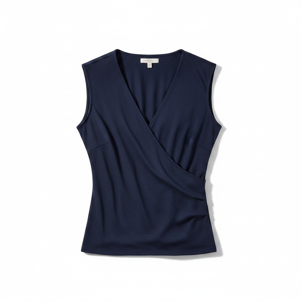 A sleeveless navy blue wrap-style top with a V-neckline, displayed flat against a clean white background.