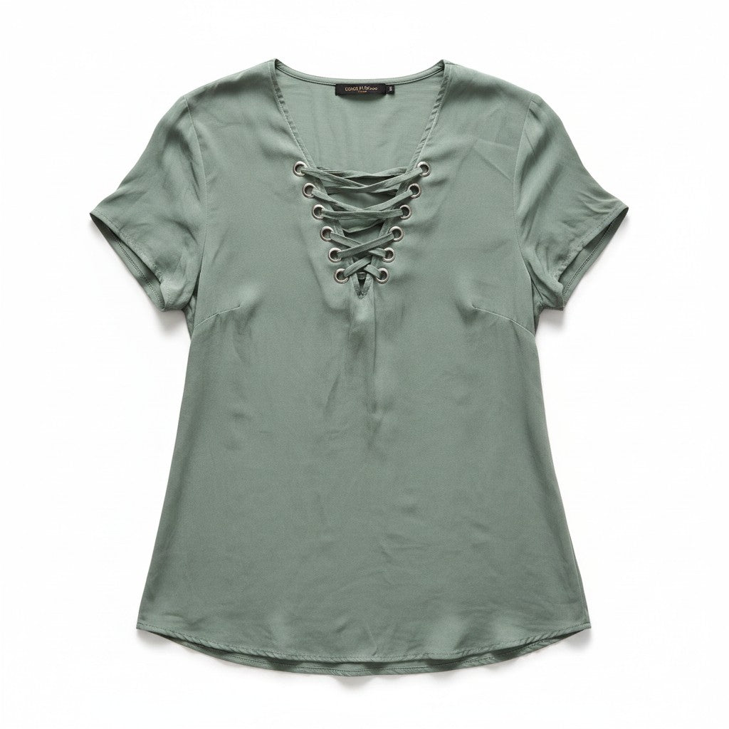 A sage green short-sleeve blouse with a lace-up front detail, displayed flat against a white background.