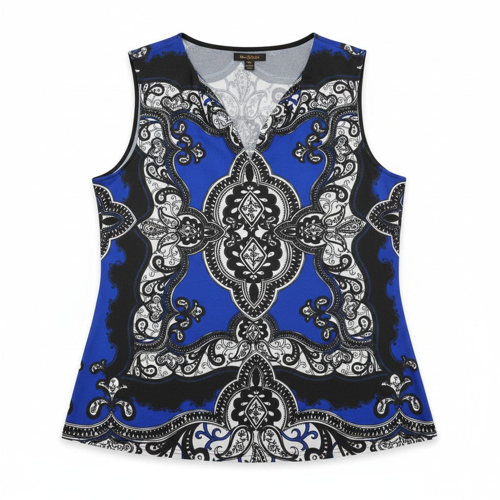 A sleeveless V-neck top with a bold blue, black, and white baroque-style pattern, displayed flat against a white background.