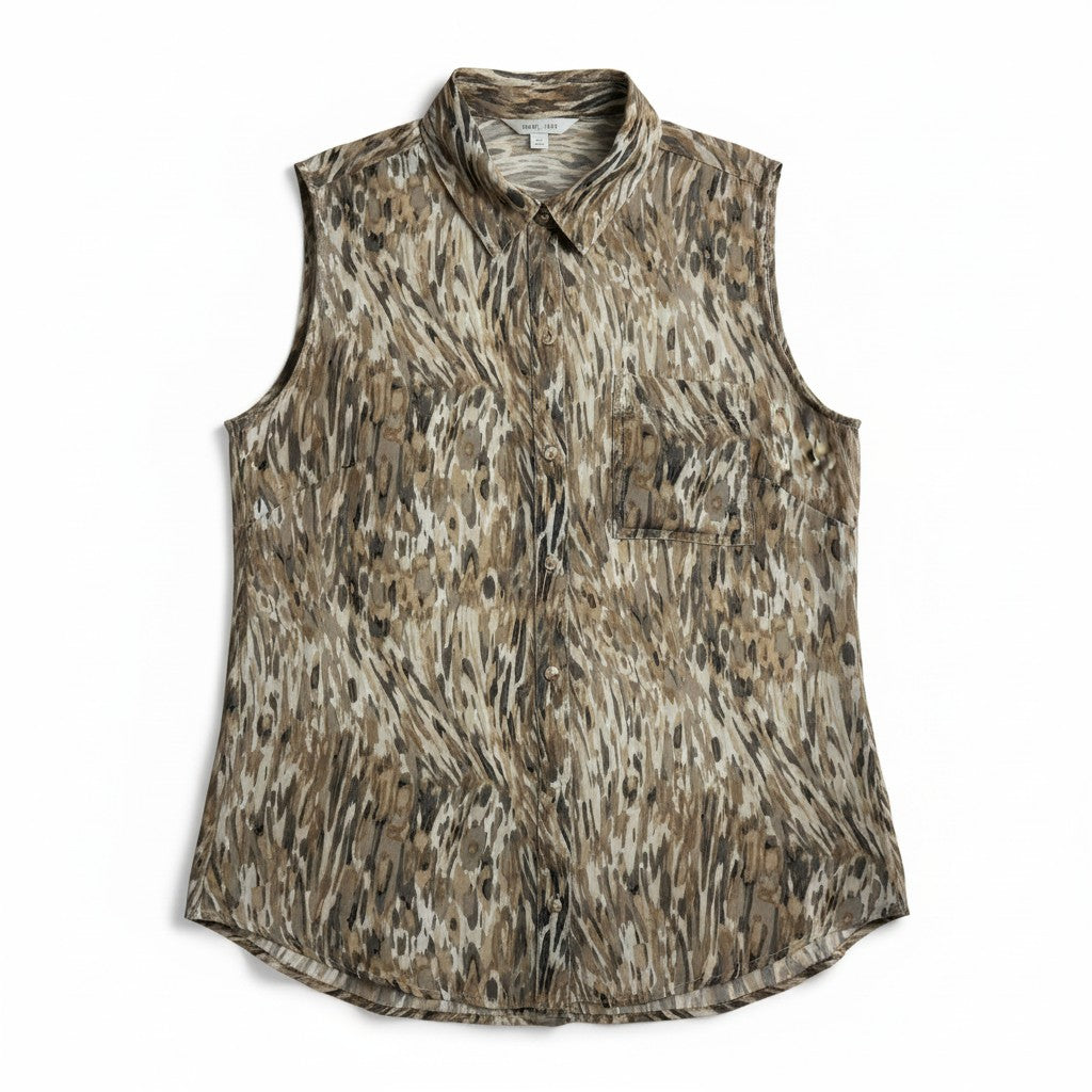 A sleeveless collared button-front top with an abstract camouflage-like pattern in brown, beige, and gray tones, shown flat against a white background.
