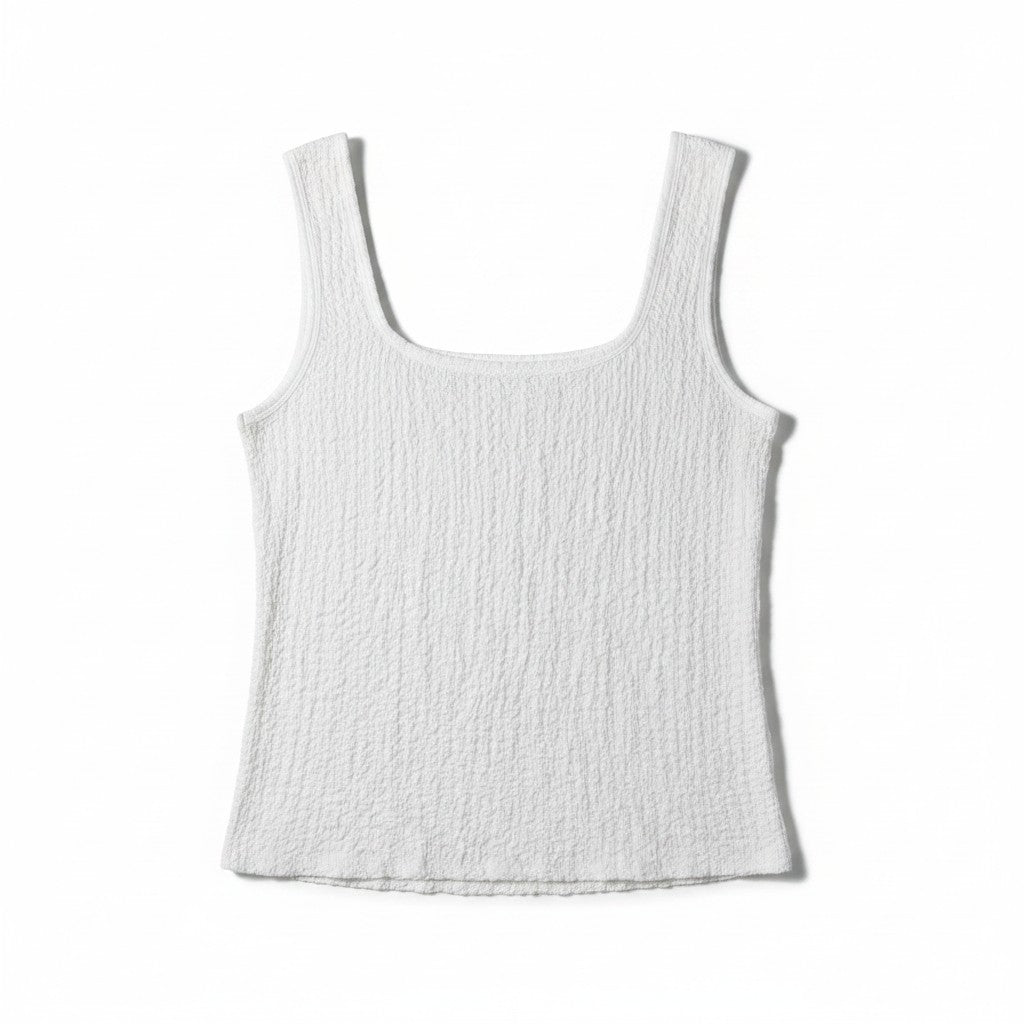 A white textured sleeveless crop top with a square neckline, displayed flat against a plain white background.