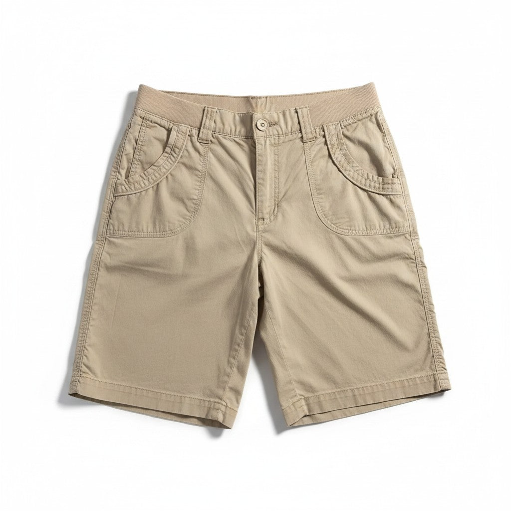 A pair of khaki cargo shorts with a button closure, belt loops, and multiple utility pockets, laid flat on a white background.