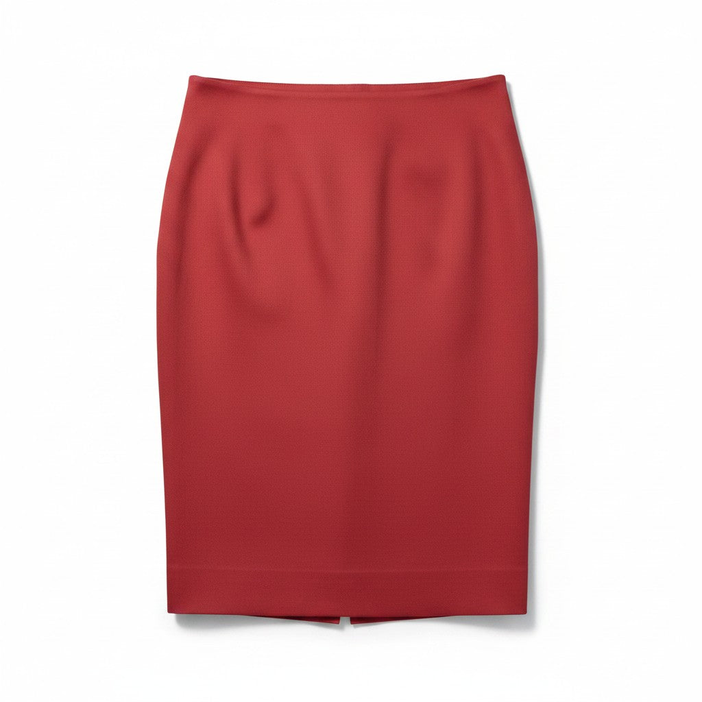 A red knee-length pencil skirt shown flat against a plain white background.