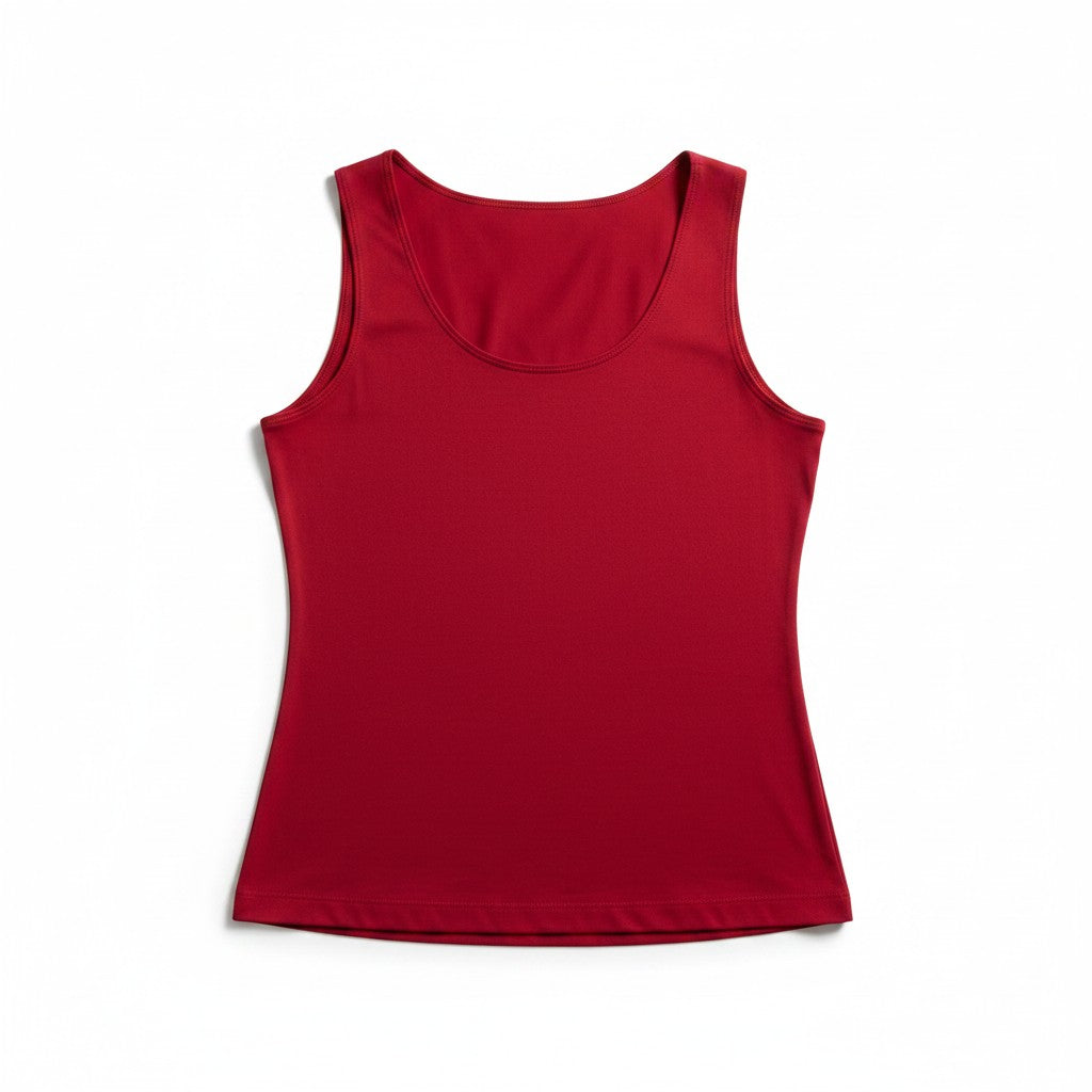A sleeveless scoop-neck tank top in a solid deep red color, shown flat against a plain white background.
