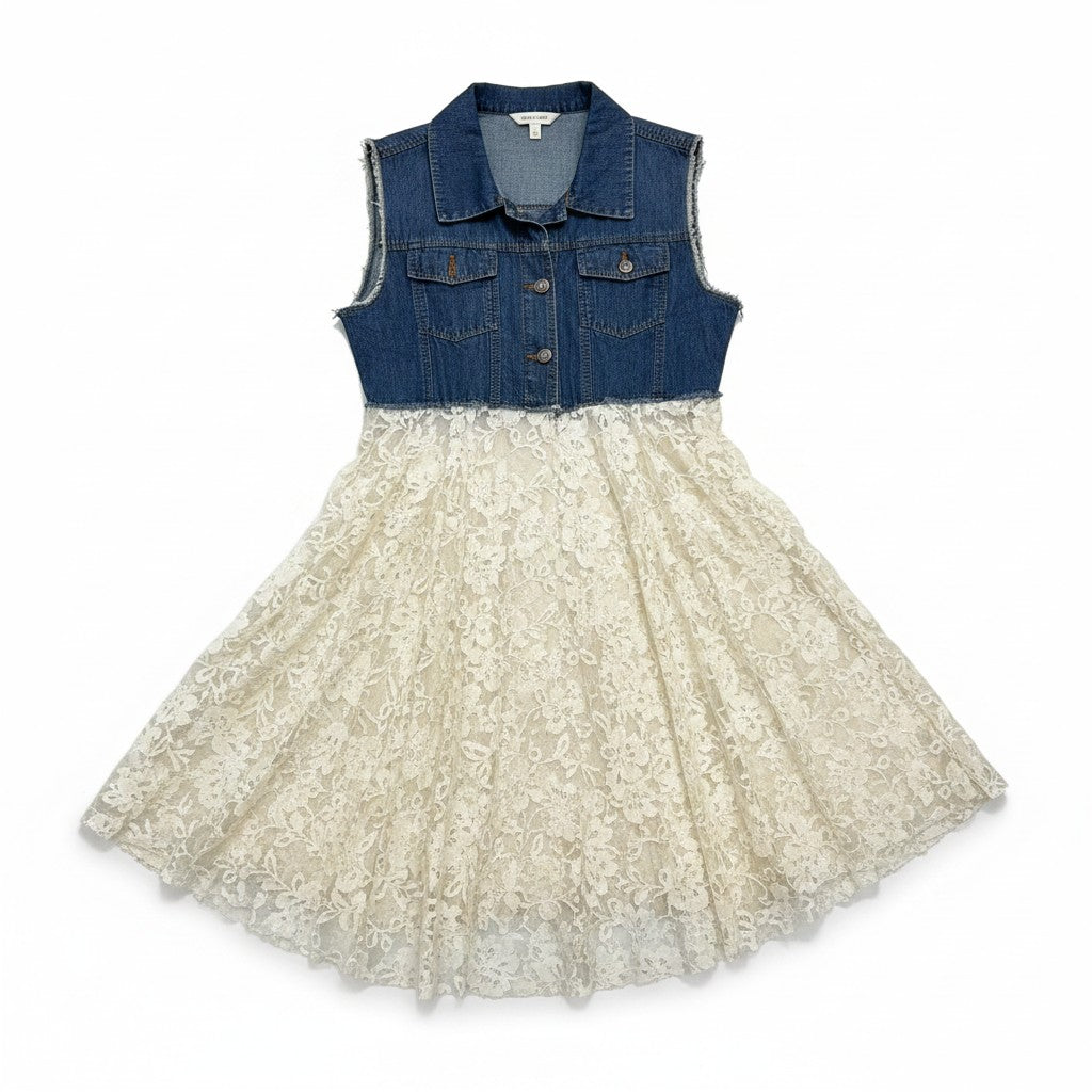 A sleeveless children's dress with a dark blue denim vest-style bodice and a full cream lace skirt, shown on a plain white background.