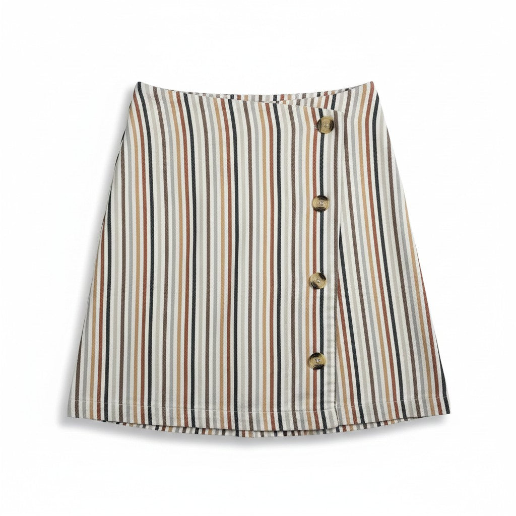 A striped A-line mini skirt with vertical stripes in beige, brown, black, and white, featuring a front button closure with gold-tone buttons.