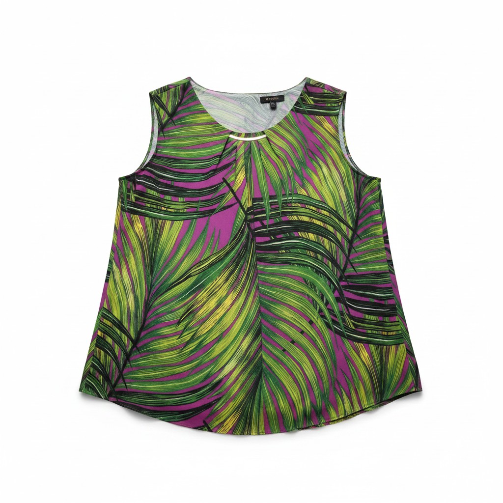 A sleeveless scoop-neck top featuring a vibrant green and purple palm leaf pattern, displayed flat against a plain white background.