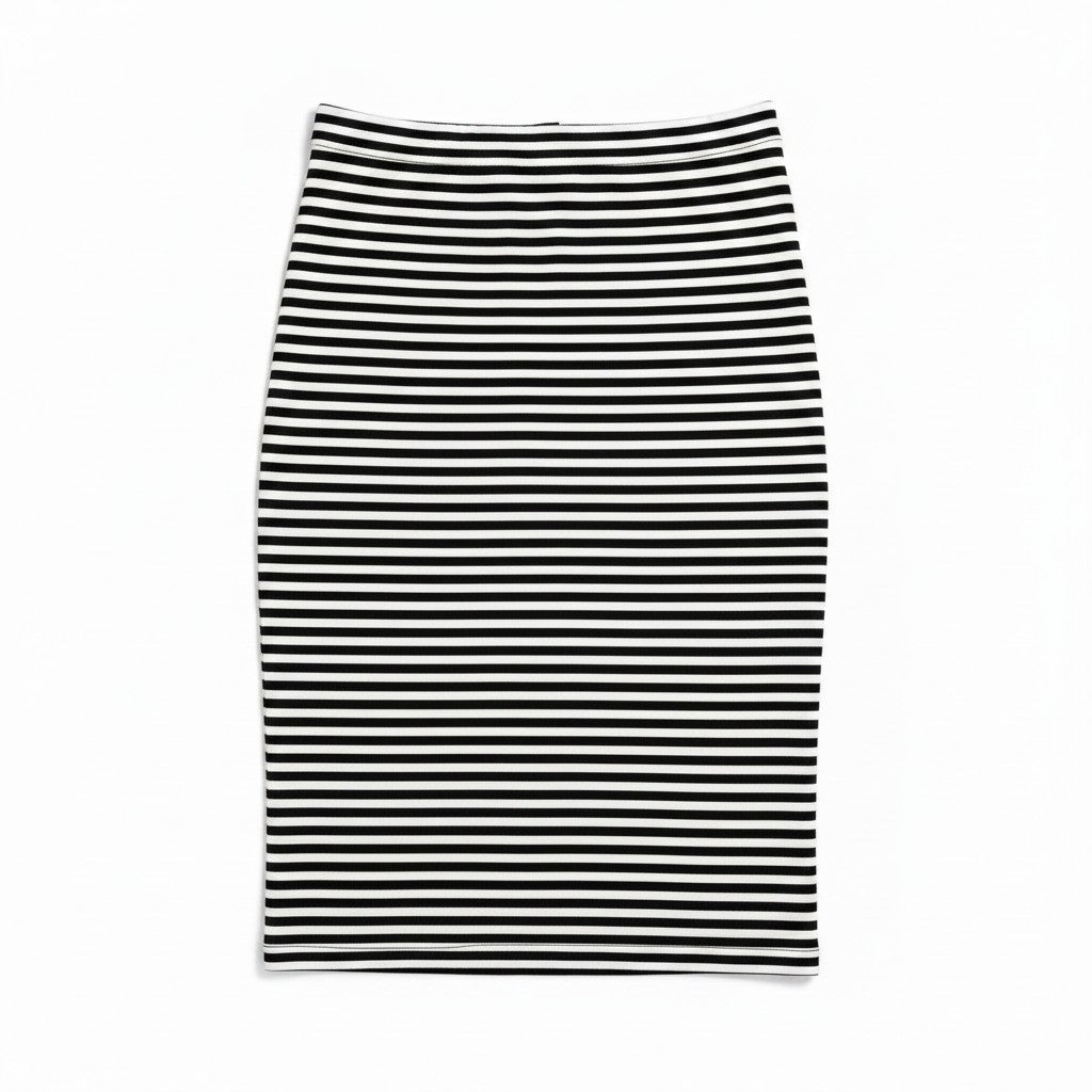 A black and white horizontally striped pencil skirt shown flat against a solid white background.