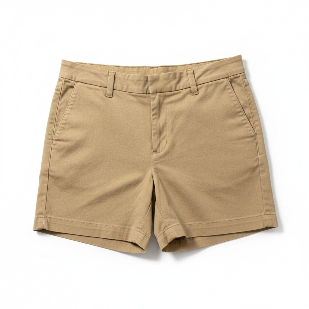 A pair of khaki chino shorts laid flat on a white background.