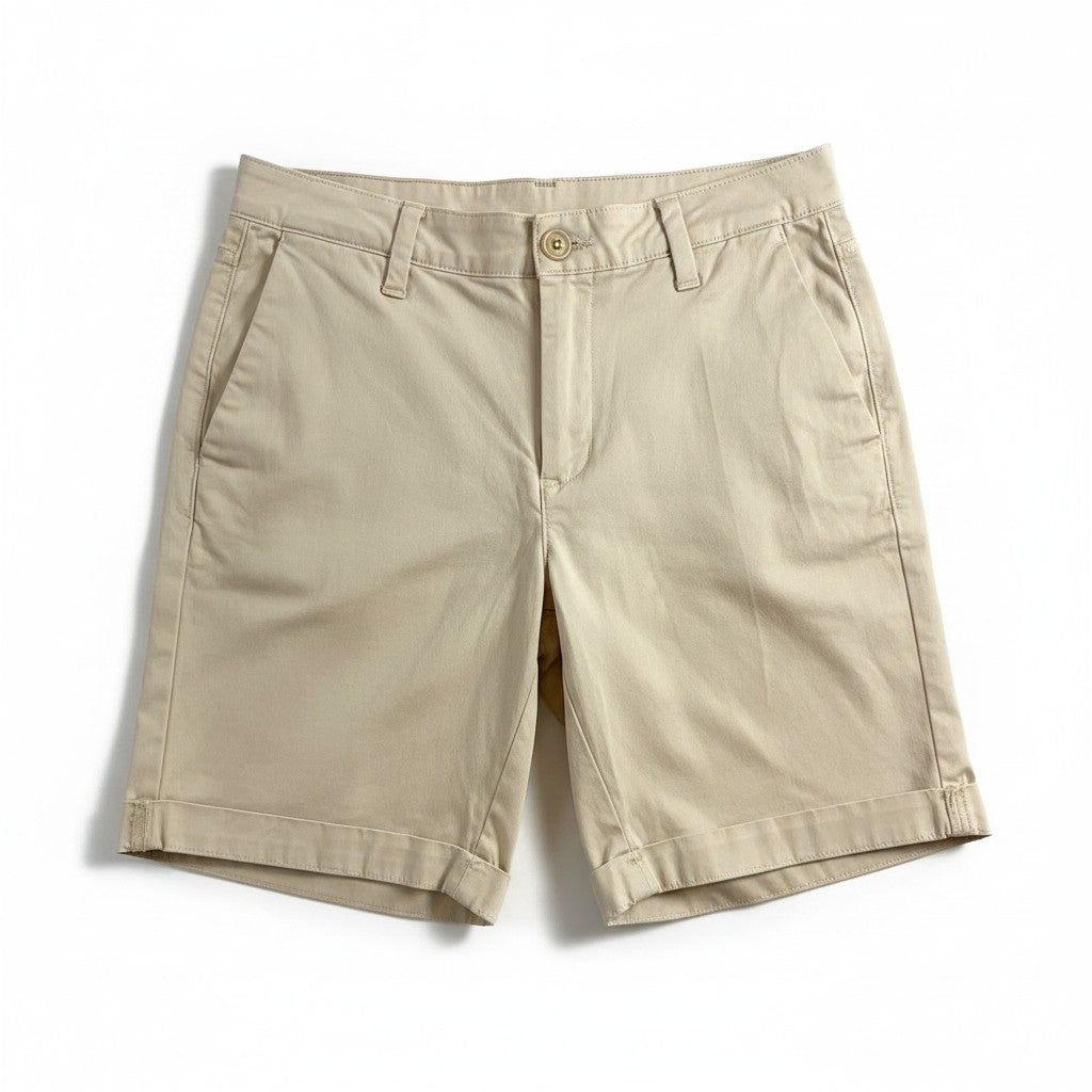 A pair of men's khaki chino shorts with a button closure and belt loops, laid flat on a white background.