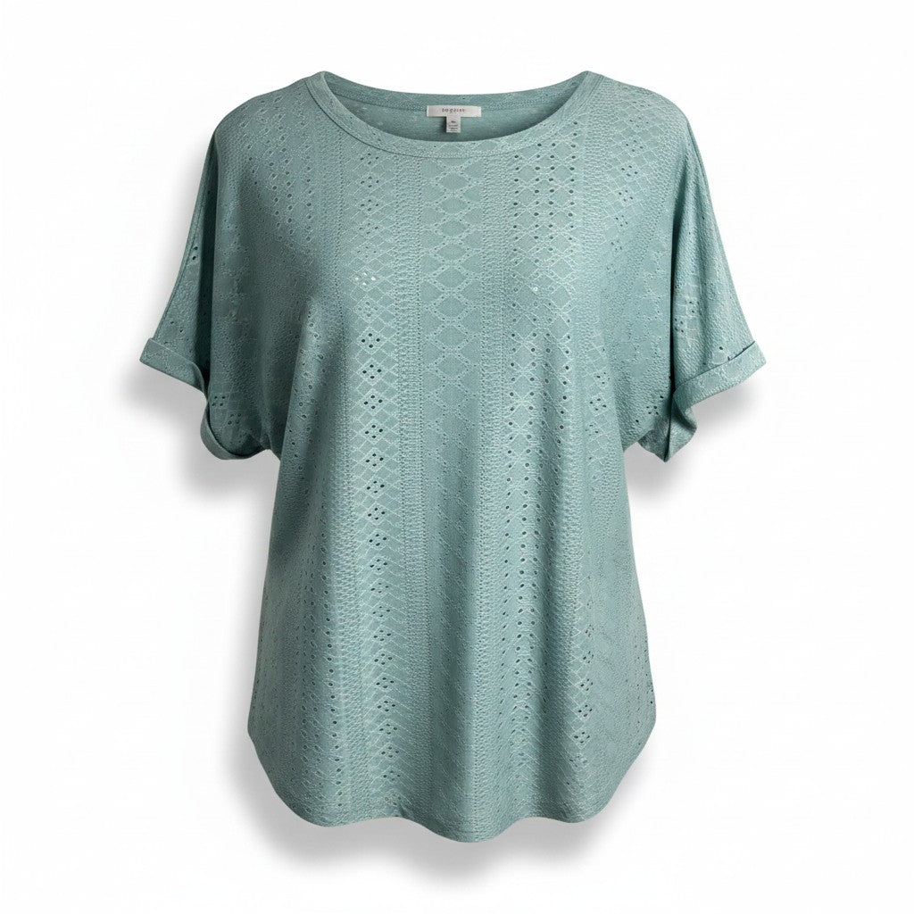 A sage green short-sleeve knit top with an eyelet lace pattern, displayed on a white background with a soft drop shadow.