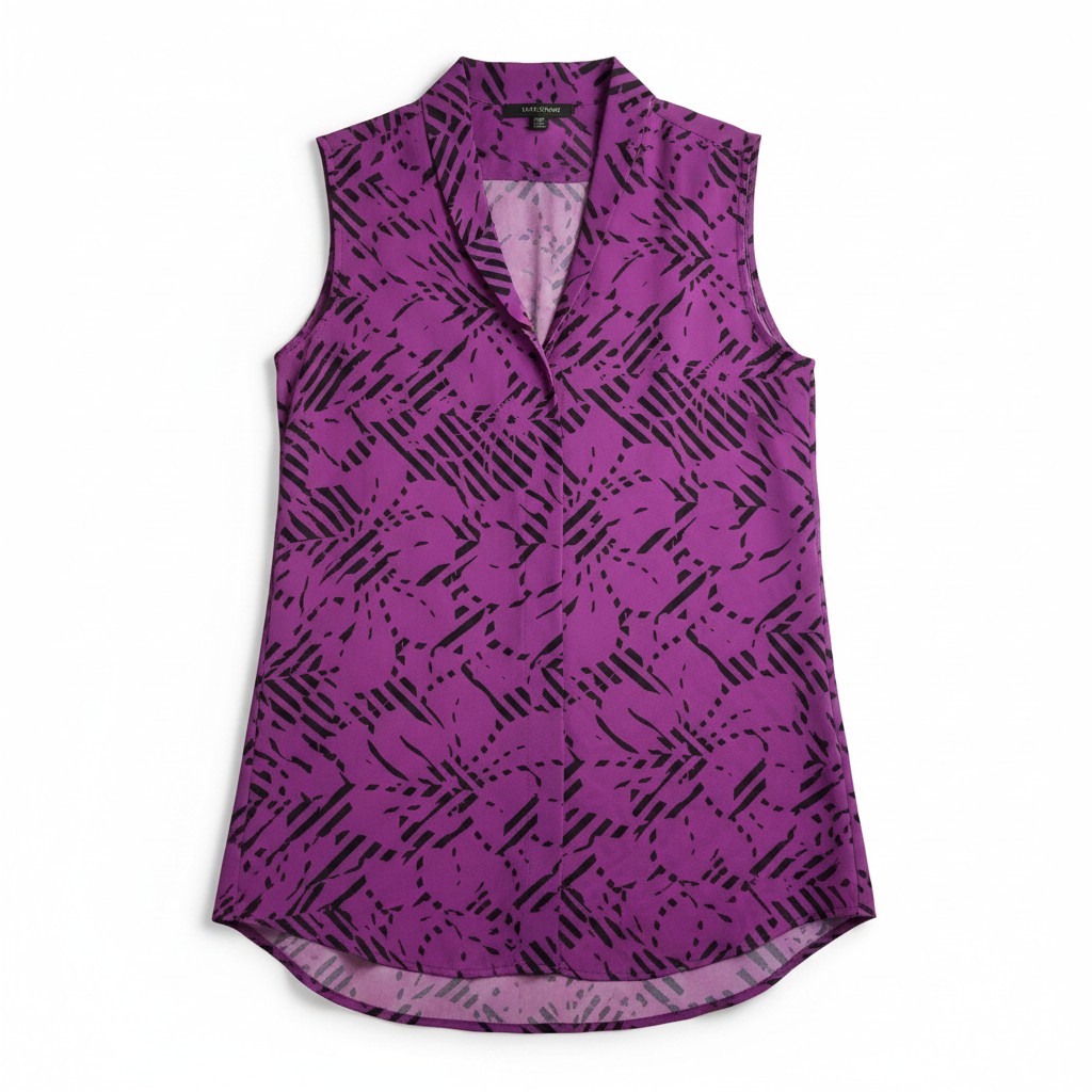 A sleeveless purple top with a black abstract pattern, featuring a split V-neckline and a split hem, displayed flat against a white background.
