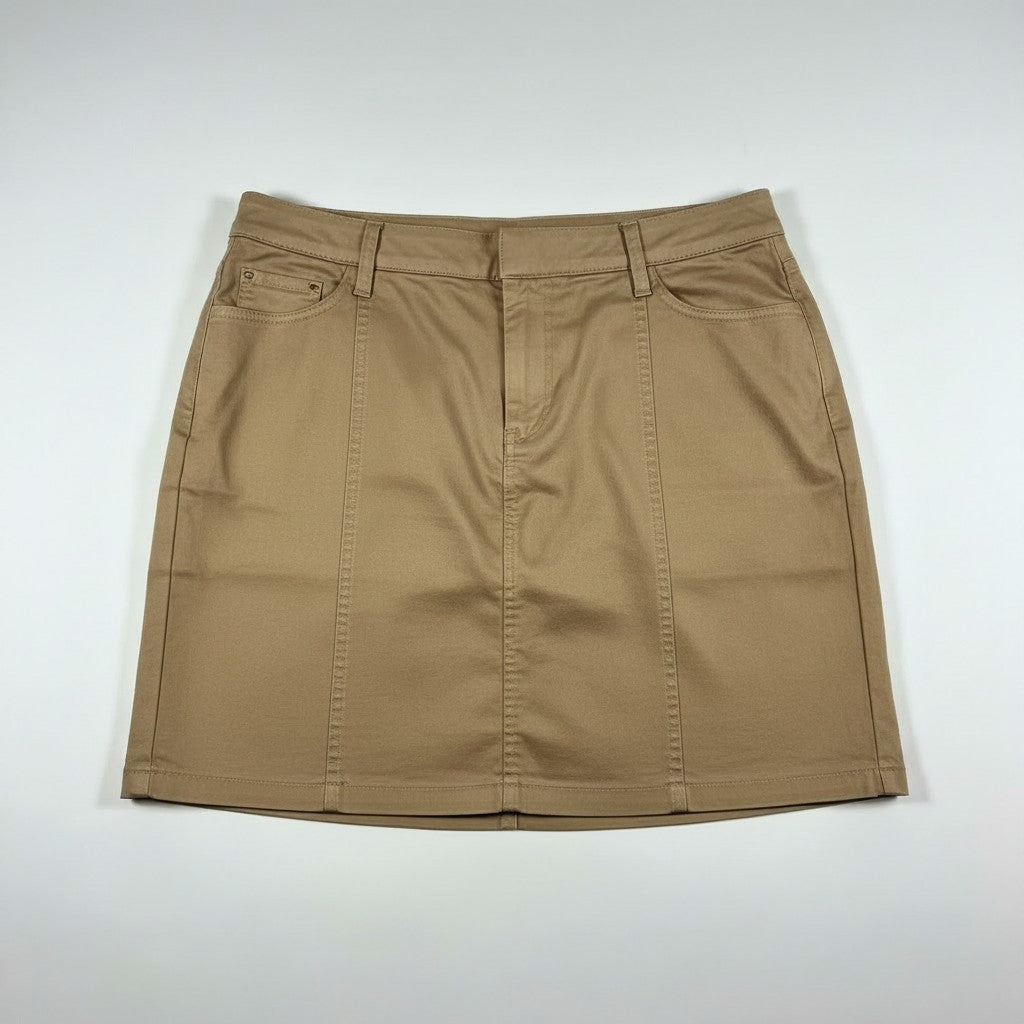 A khaki brown mini skirt with front pleats and belt loops, laid flat against a light gray background.