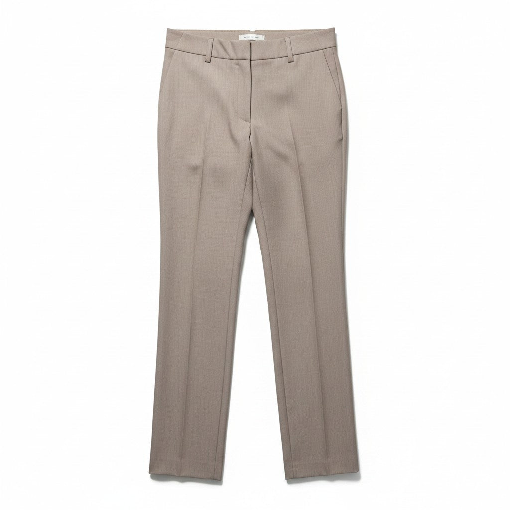 A pair of straight-leg trousers in a light taupe-beige color, shown flat against a solid white background.