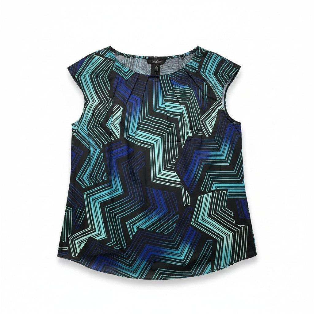 A sleeveless top with a geometric zigzag pattern in shades of blue, teal, and black, displayed flat against a white background.
