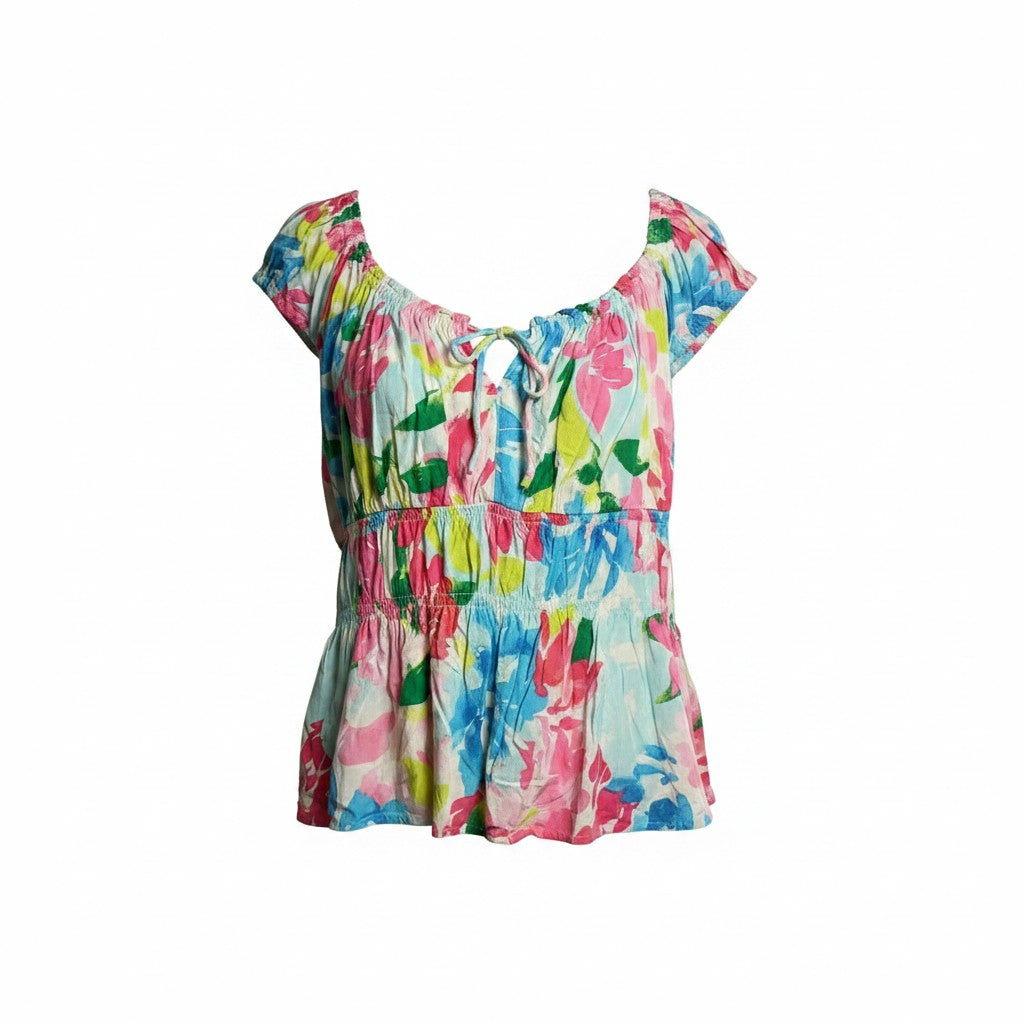 A colorful floral print top with short flutter sleeves, a scoop neckline, and a tie-front detail, shown against a plain white background.