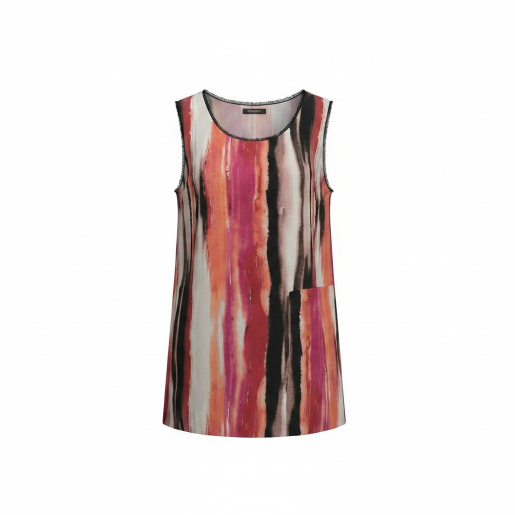 A sleeveless shift dress with an abstract vertical watercolor stripe pattern in pink, orange, black, and white, shown against a plain white background.