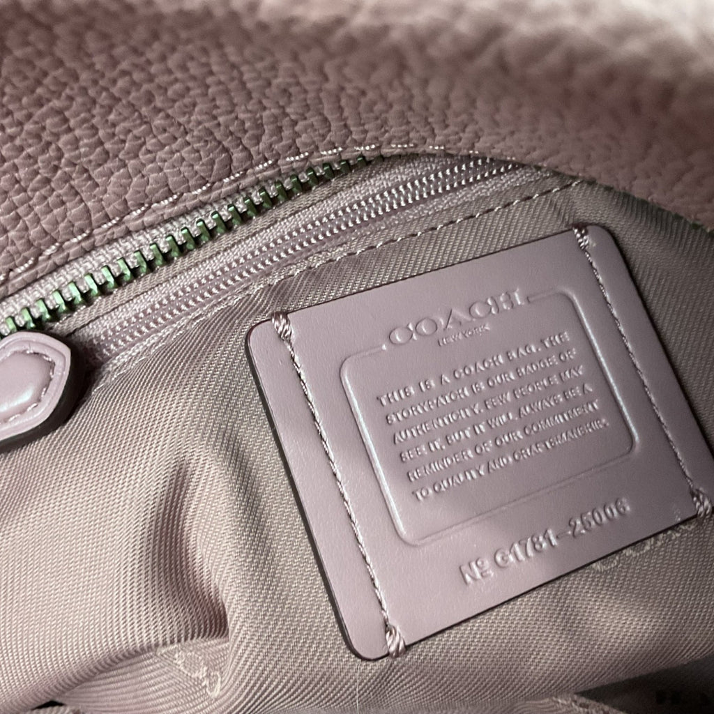 Close-up detail of a Coach bag interior showing a silver-tone metal zipper, textured taupe leather exterior, and a stitched Coach brand patch on the lining.