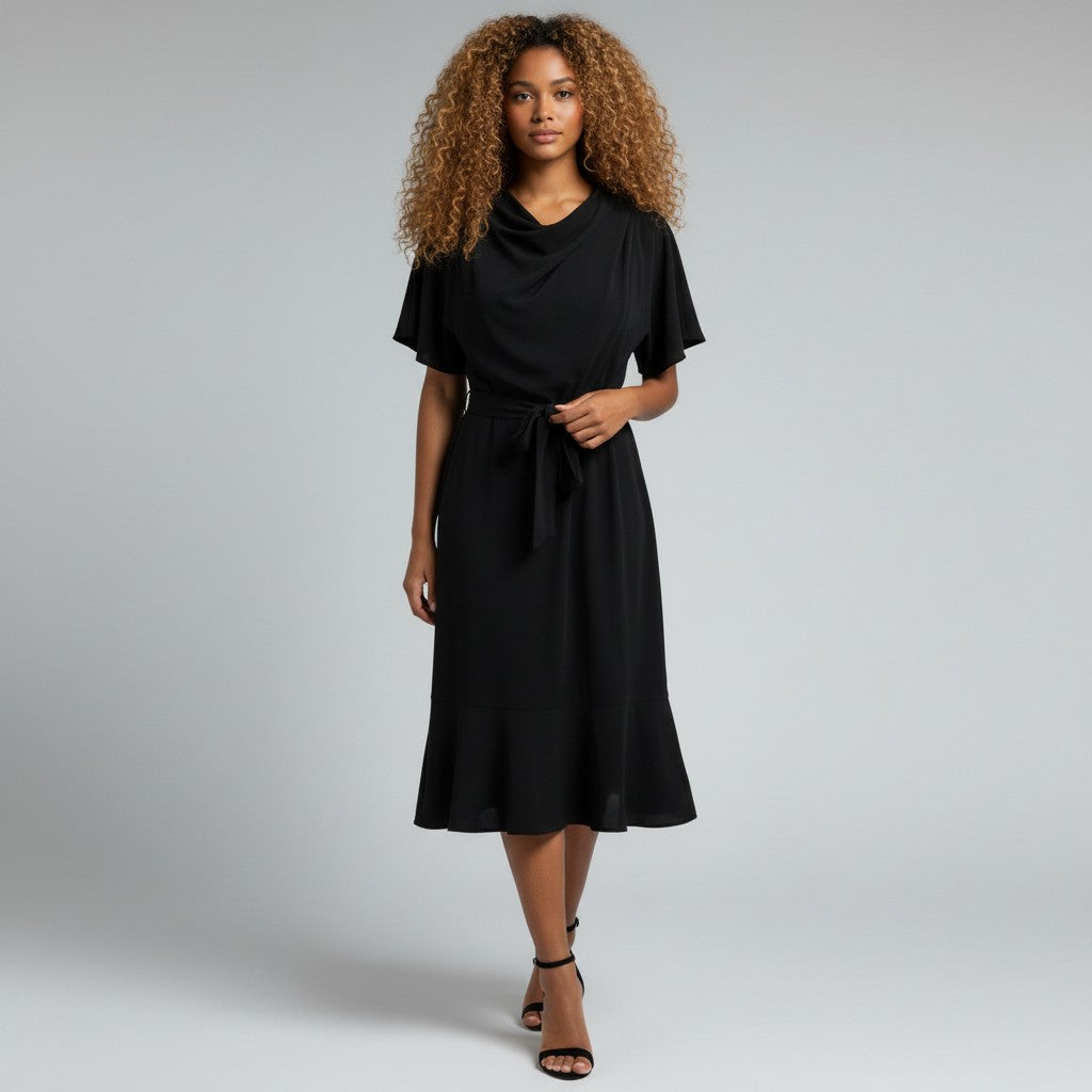A woman with curly brown hair wearing a black short-sleeve cowl-neck midi dress with a tie waist belt, paired with black strappy high-heeled sandals, standing against a light gray studio background.