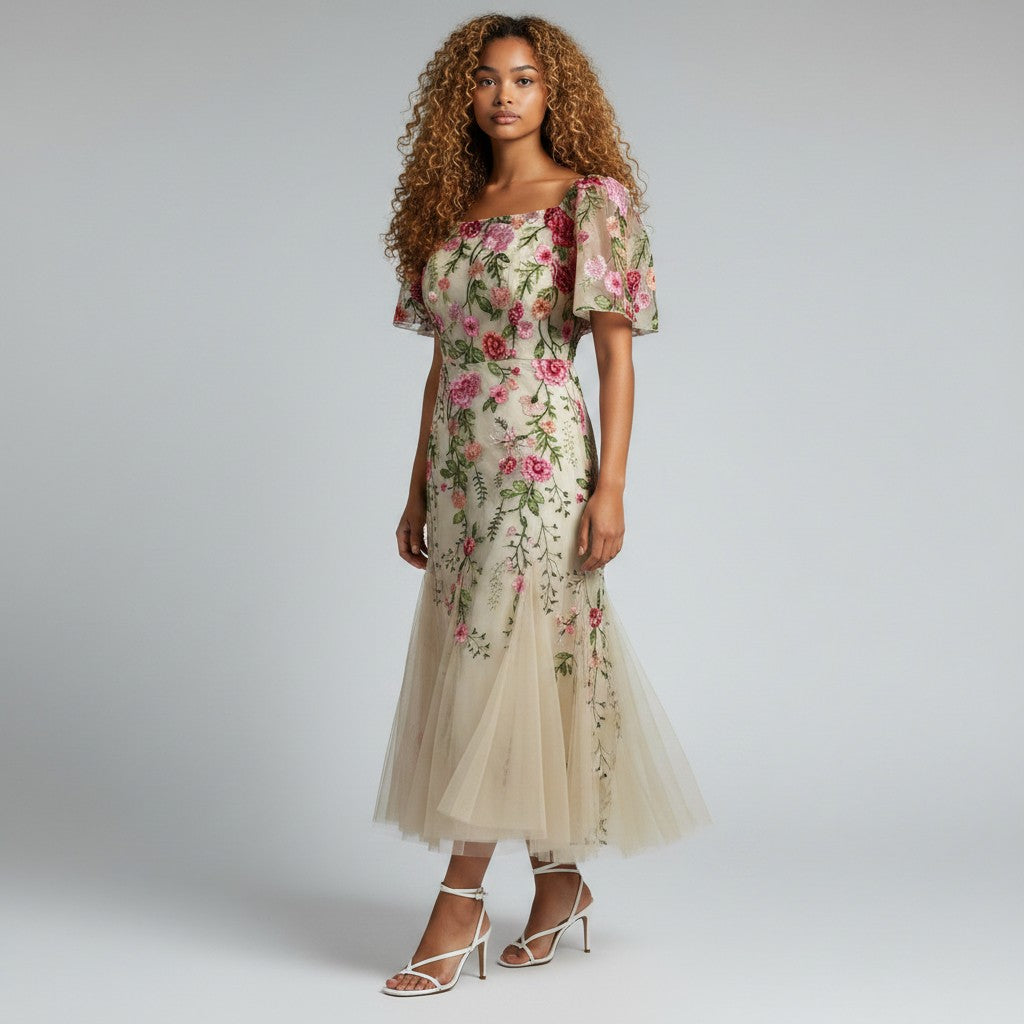 A model wearing a beige midi dress with pink and green floral embroidery, featuring short puff sleeves and a tulle hem, paired with white high-heeled sandals against a light gray studio background.