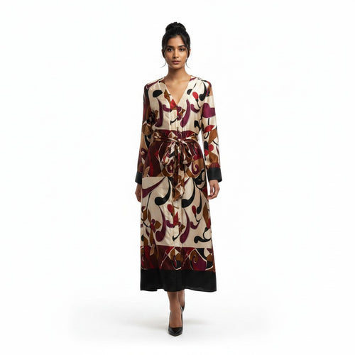 Woman wearing a patterned dress on a white background