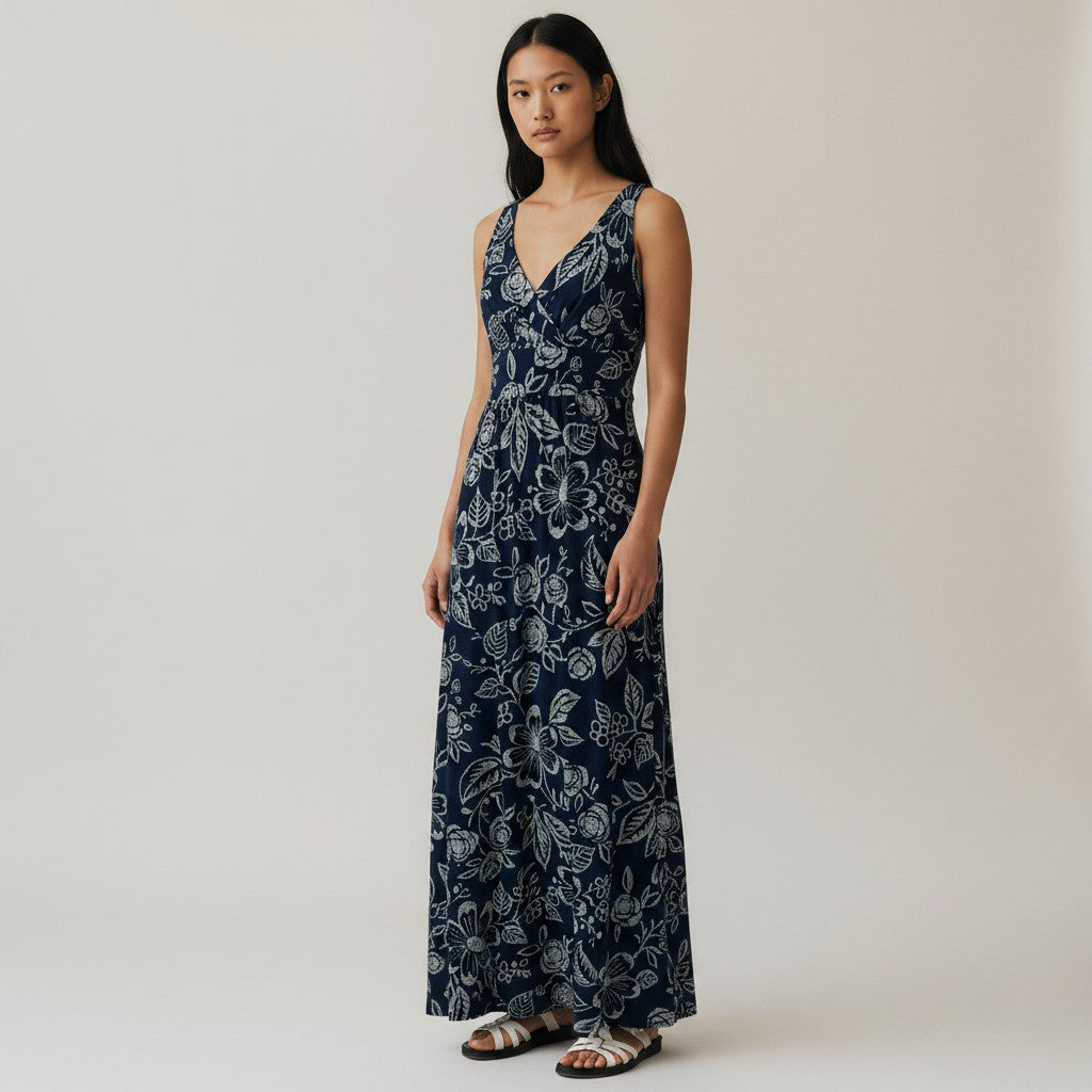A woman modeling a sleeveless navy maxi dress with a white floral and leaf print, standing against a plain light beige studio background.
